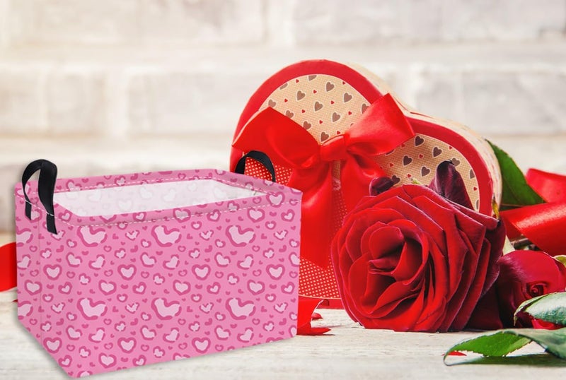 ESSME Rectangular Valentine's Day Basket,Pink Heart Storage Bins Organizer with Handles for Girls Room Decor, Gift Basket,Shelf Basket.(Leopard print heart) - Image 5